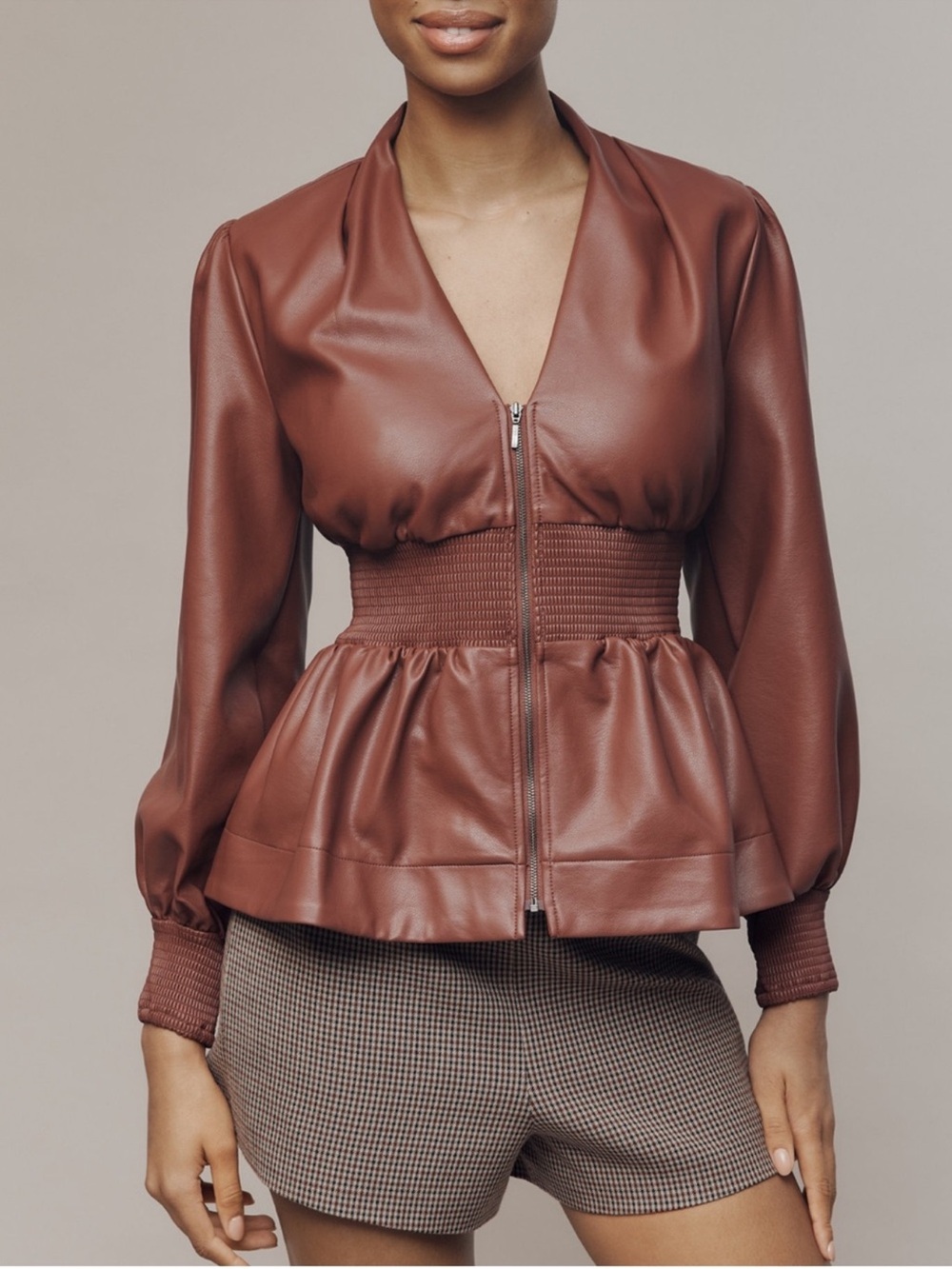 Anthropologie Tommie Long Sleeve Faux-Leather Smocked Front Zip Blouse
